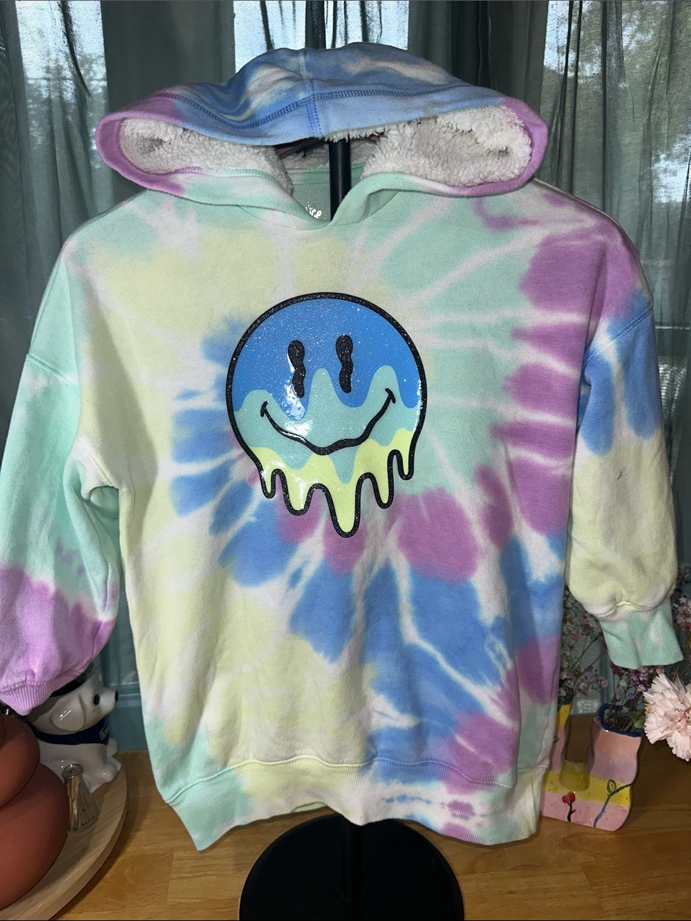 Justice Pastel Tie-Dye Sherpa Hoodie with Dripping Smile Graphic